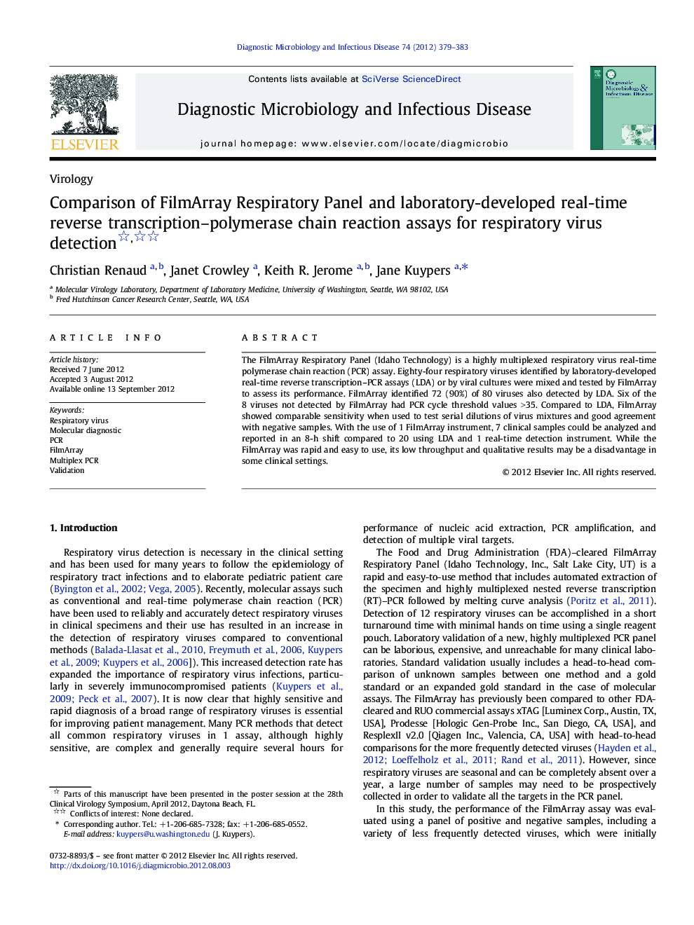 Comparison of FilmArray Respiratory Panel and laboratory-developed real-time reverse transcription-polymerase chain reaction assays for respiratory virus detection