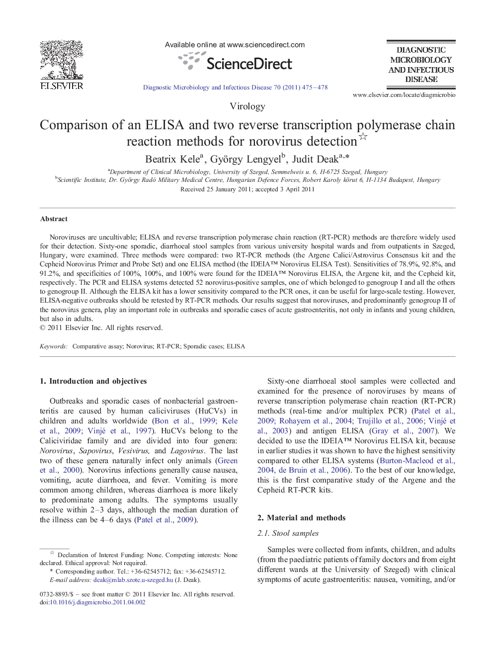 Comparison of an ELISA and two reverse transcription polymerase chain reaction methods for norovirus detection