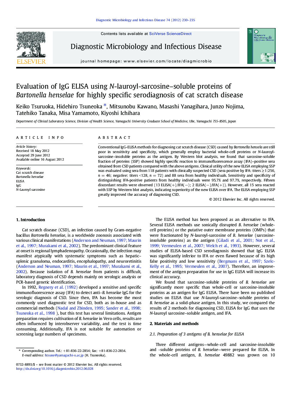 Evaluation of IgG ELISA using N-lauroyl-sarcosine-soluble proteins of Bartonella henselae for highly specific serodiagnosis of cat scratch disease