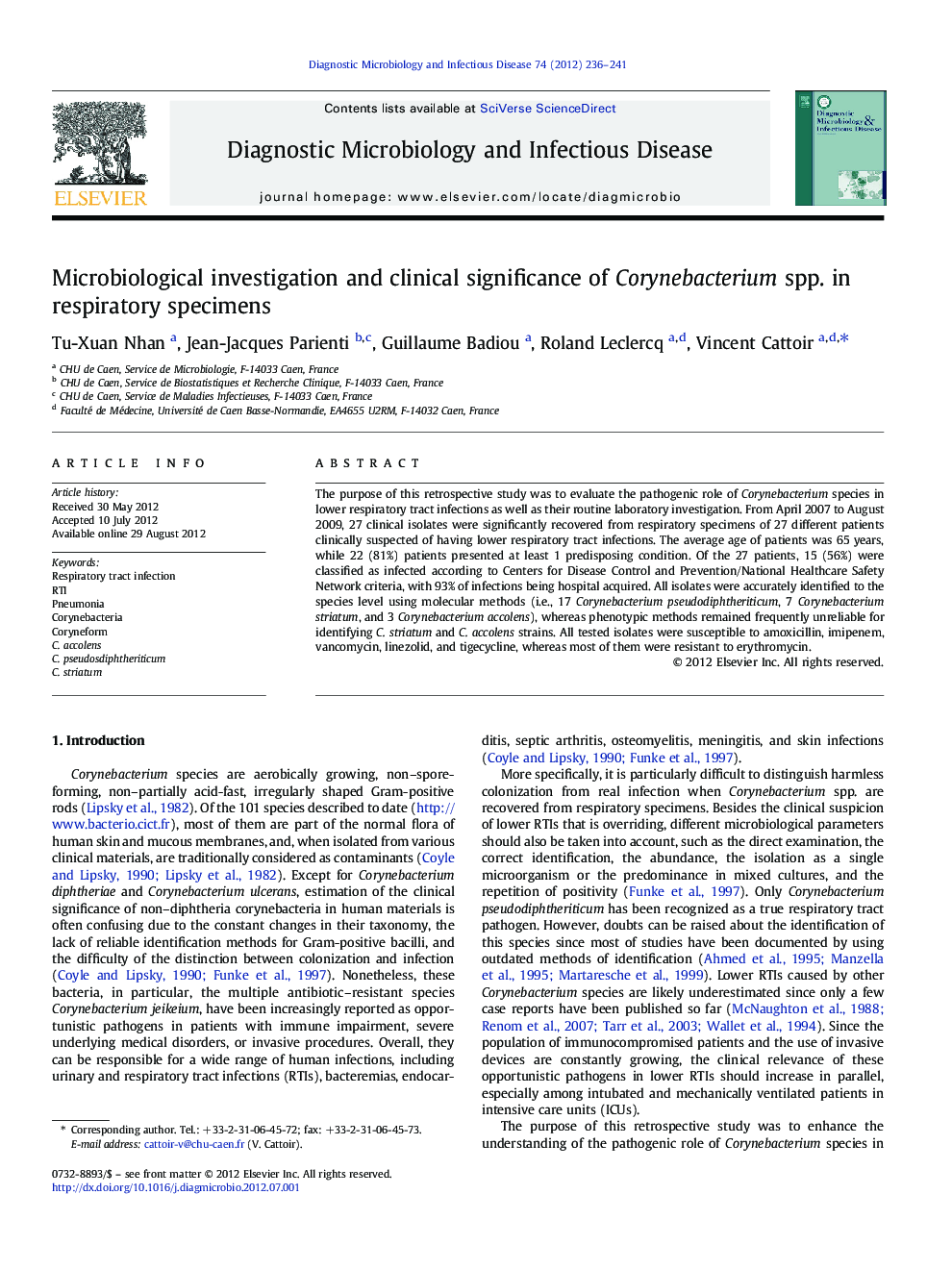 Microbiological investigation and clinical significance of Corynebacterium spp. in respiratory specimens