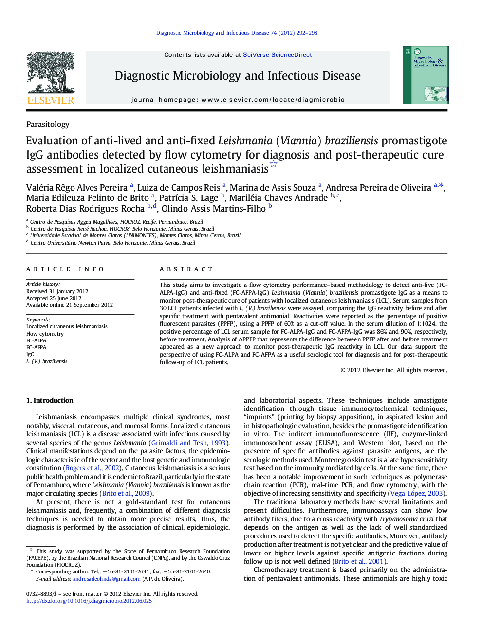 Evaluation of anti-lived and anti-fixed Leishmania (Viannia) braziliensis promastigote IgG antibodies detected by flow cytometry for diagnosis and post-therapeutic cure assessment in localized cutaneous leishmaniasis