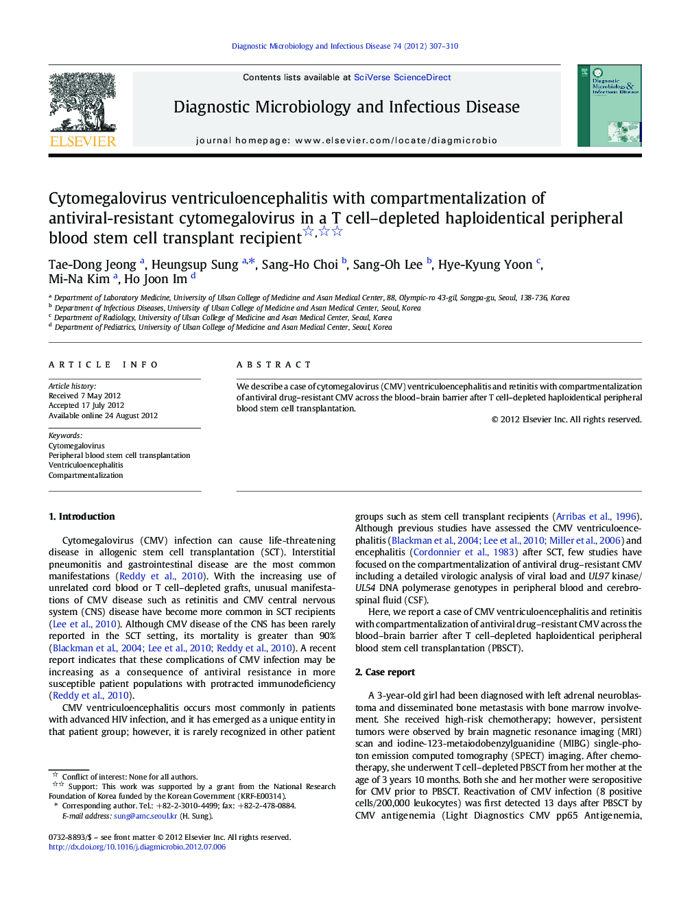 Cytomegalovirus ventriculoencephalitis with compartmentalization of antiviral-resistant cytomegalovirus in a T cell-depleted haploidentical peripheral blood stem cell transplant recipient