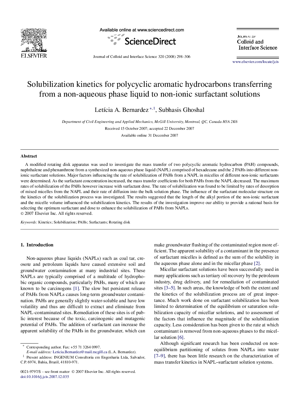 Solubilization kinetics for polycyclic aromatic hydrocarbons transferring from a non-aqueous phase liquid to non-ionic surfactant solutions