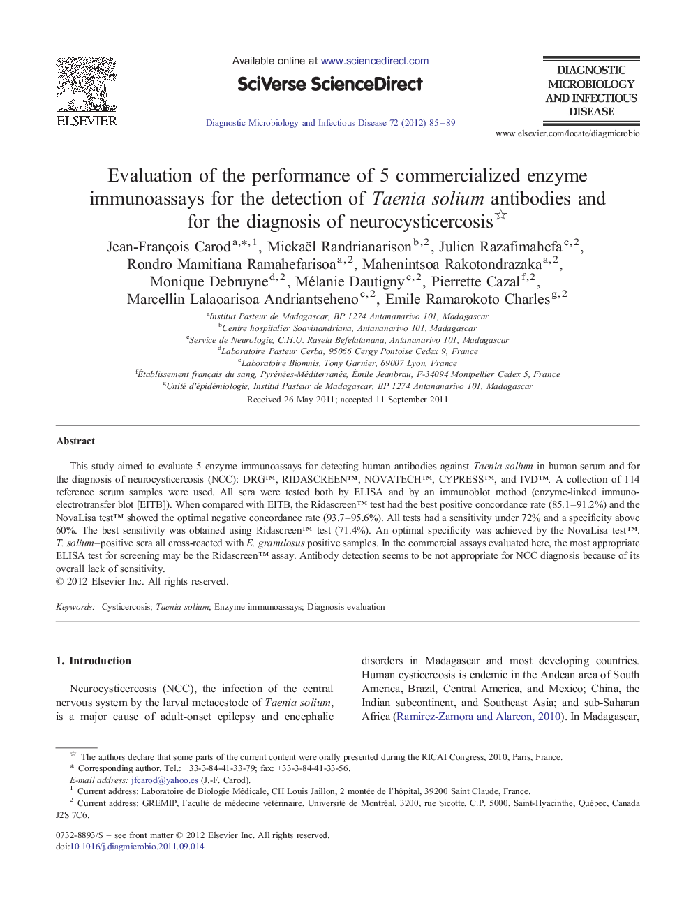 Evaluation of the performance of 5 commercialized enzyme immunoassays for the detection of Taenia solium antibodies and for the diagnosis of neurocysticercosis