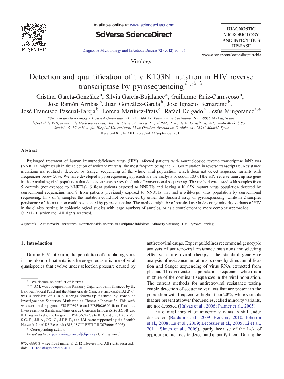 Detection and quantification of the K103N mutation in HIV reverse transcriptase by pyrosequencing