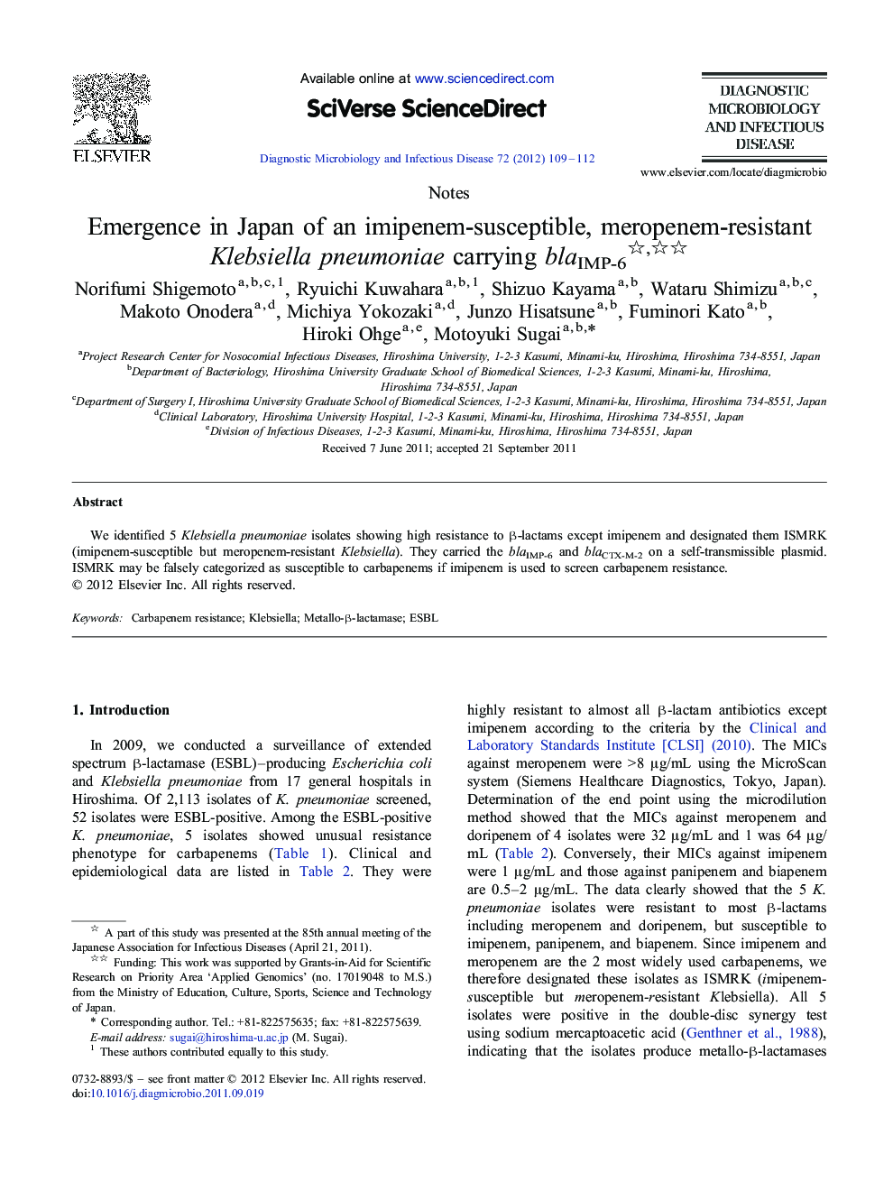 Emergence in Japan of an imipenem-susceptible, meropenem-resistant Klebsiella pneumoniae carrying blaIMP-6