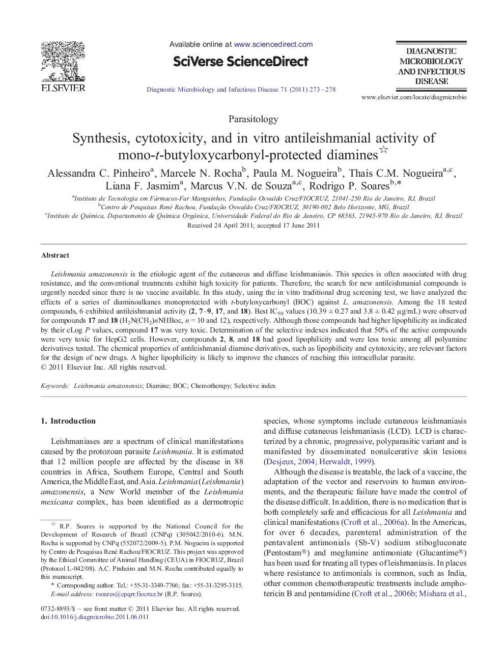 Synthesis, cytotoxicity, and in vitro antileishmanial activity of mono-t-butyloxycarbonyl-protected diamines