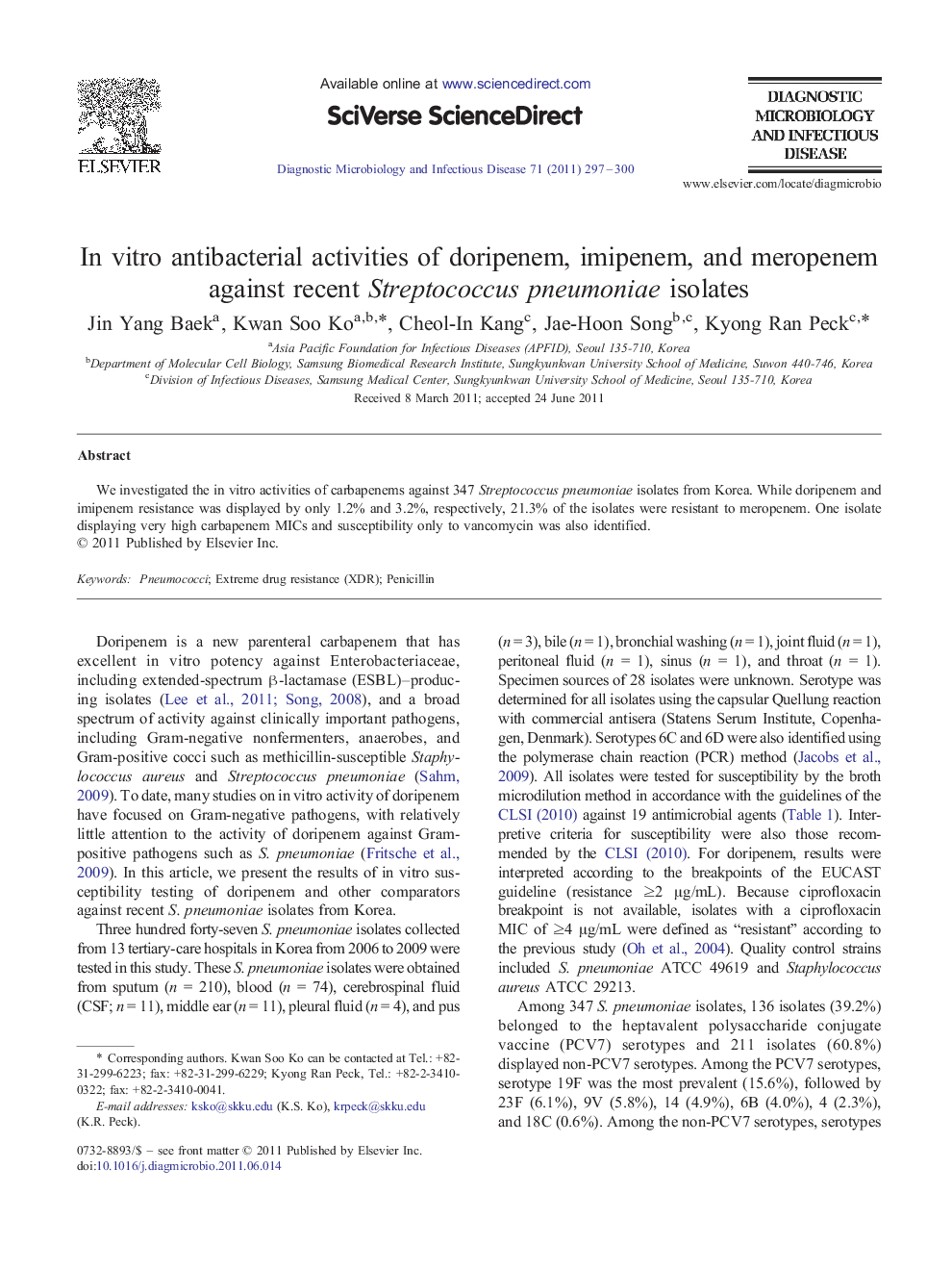 In vitro antibacterial activities of doripenem, imipenem, and meropenem against recent Streptococcus pneumoniae isolates