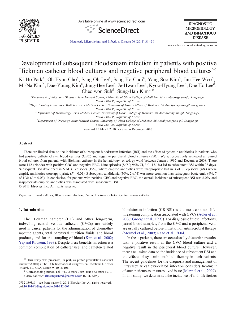 Development of subsequent bloodstream infection in patients with positive Hickman catheter blood cultures and negative peripheral blood cultures