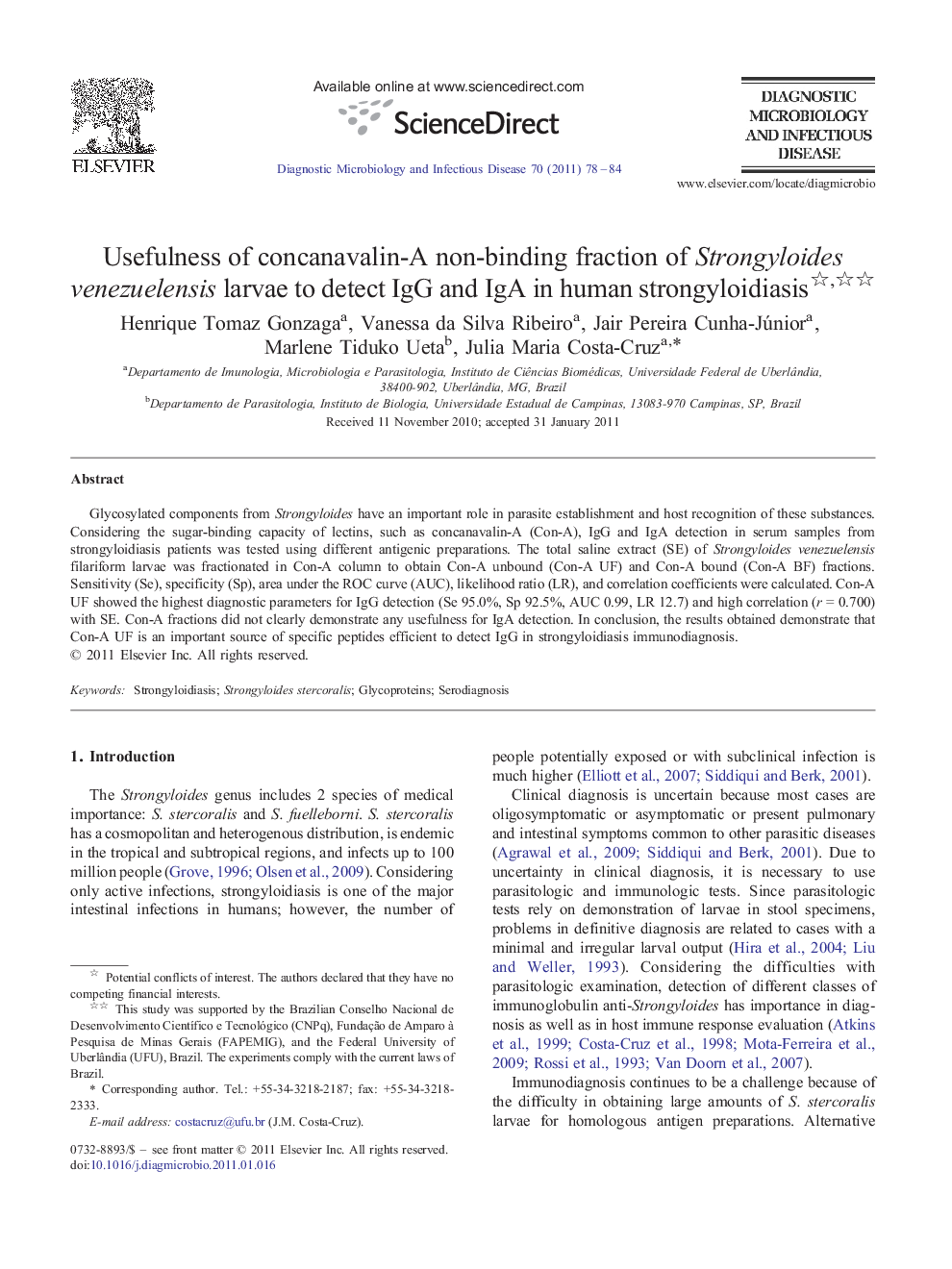 Usefulness of concanavalin-A non-binding fraction of Strongyloides venezuelensis larvae to detect IgG and IgA in human strongyloidiasis