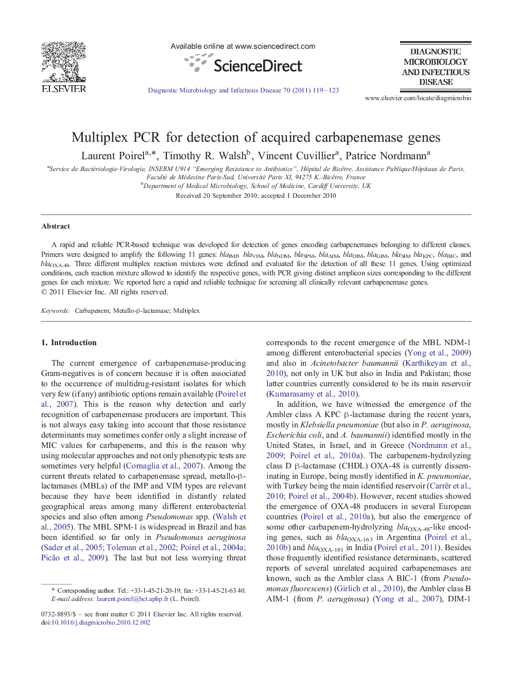 Multiplex PCR for detection of acquired carbapenemase genes