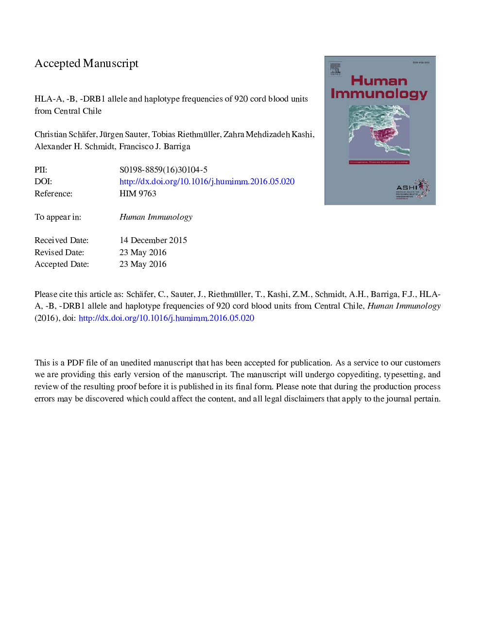 HLA-A, -B, -DRB1 allele and haplotype frequencies of 920 cord blood units from Central Chile