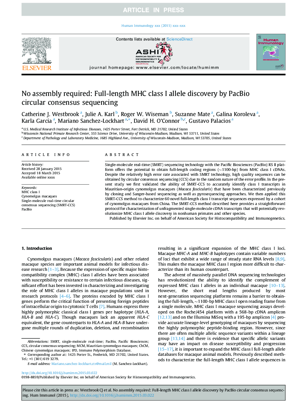 No assembly required: Full-length MHC class I allele discovery by PacBio circular consensus sequencing