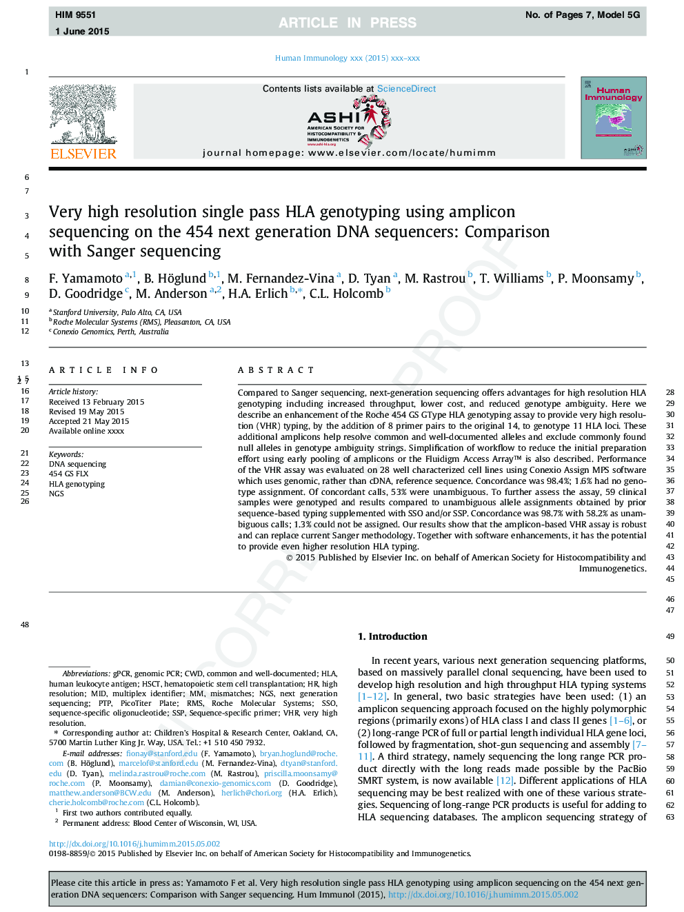 Very high resolution single pass HLA genotyping using amplicon sequencing on the 454 next generation DNA sequencers: Comparison with Sanger sequencing