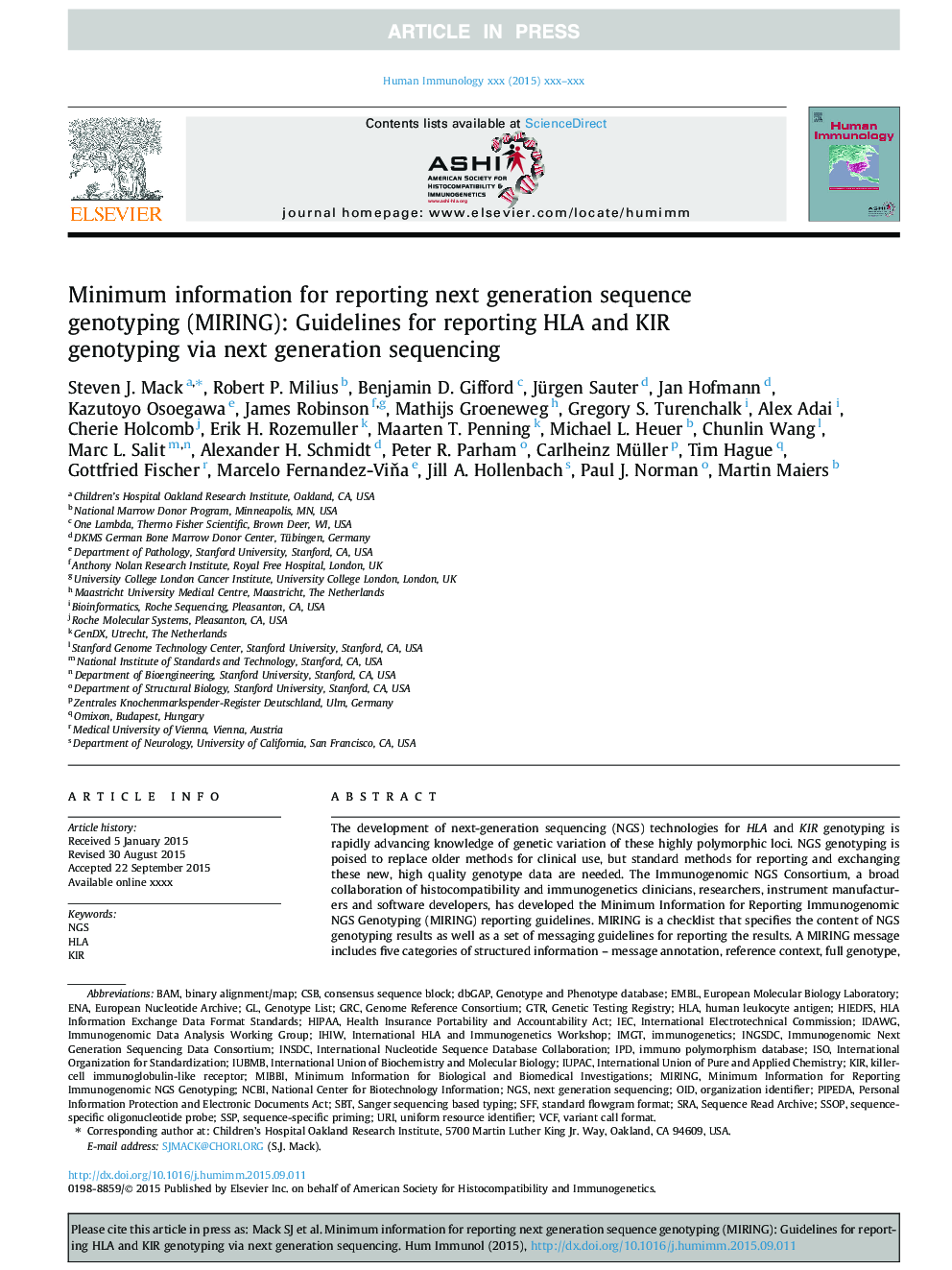 Minimum information for reporting next generation sequence genotyping (MIRING): Guidelines for reporting HLA and KIR genotyping via next generation sequencing