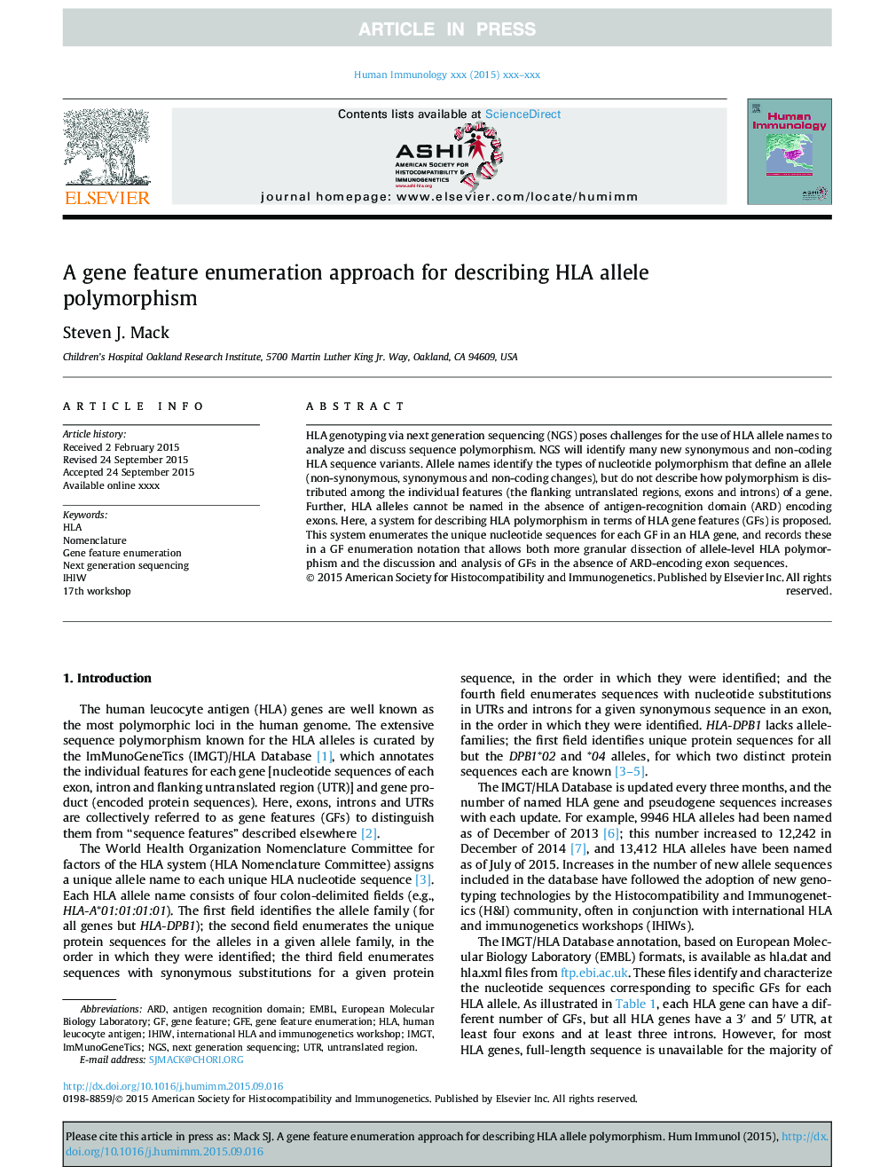 A gene feature enumeration approach for describing HLA allele polymorphism