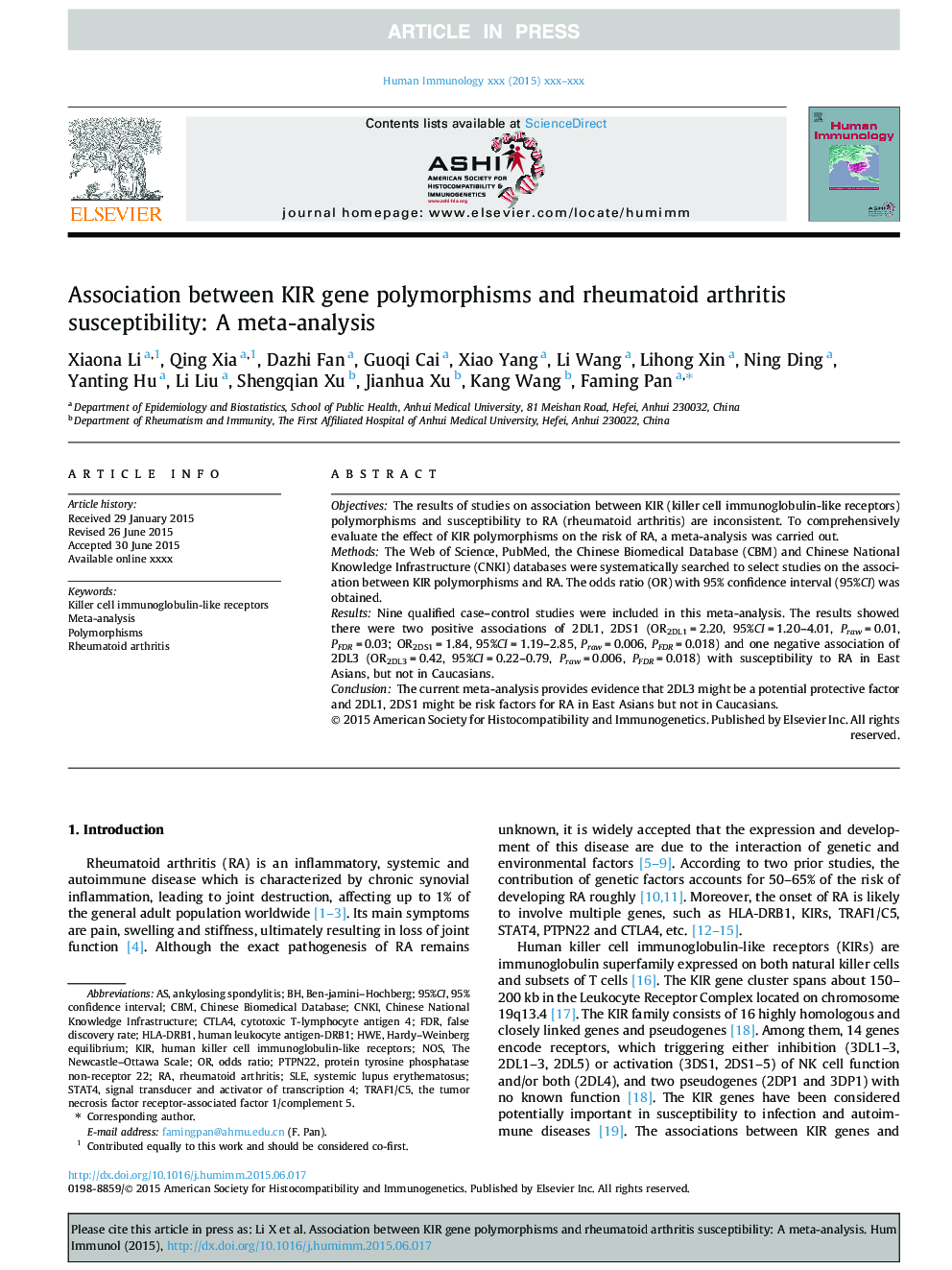 Association between KIR gene polymorphisms and rheumatoid arthritis susceptibility: A meta-analysis