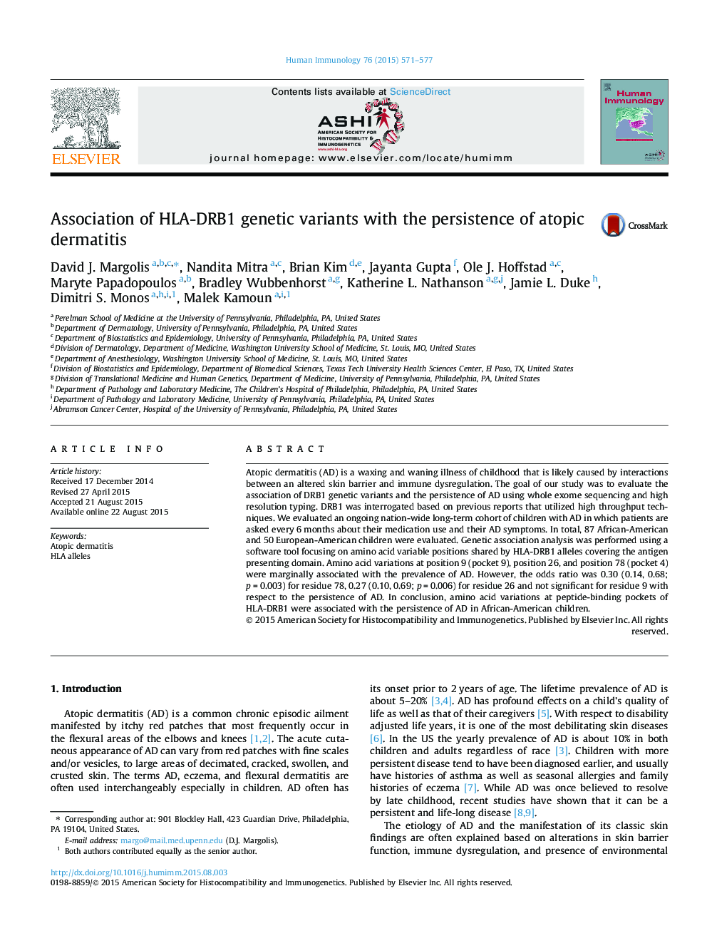 Association of HLA-DRB1 genetic variants with the persistence of atopic dermatitis