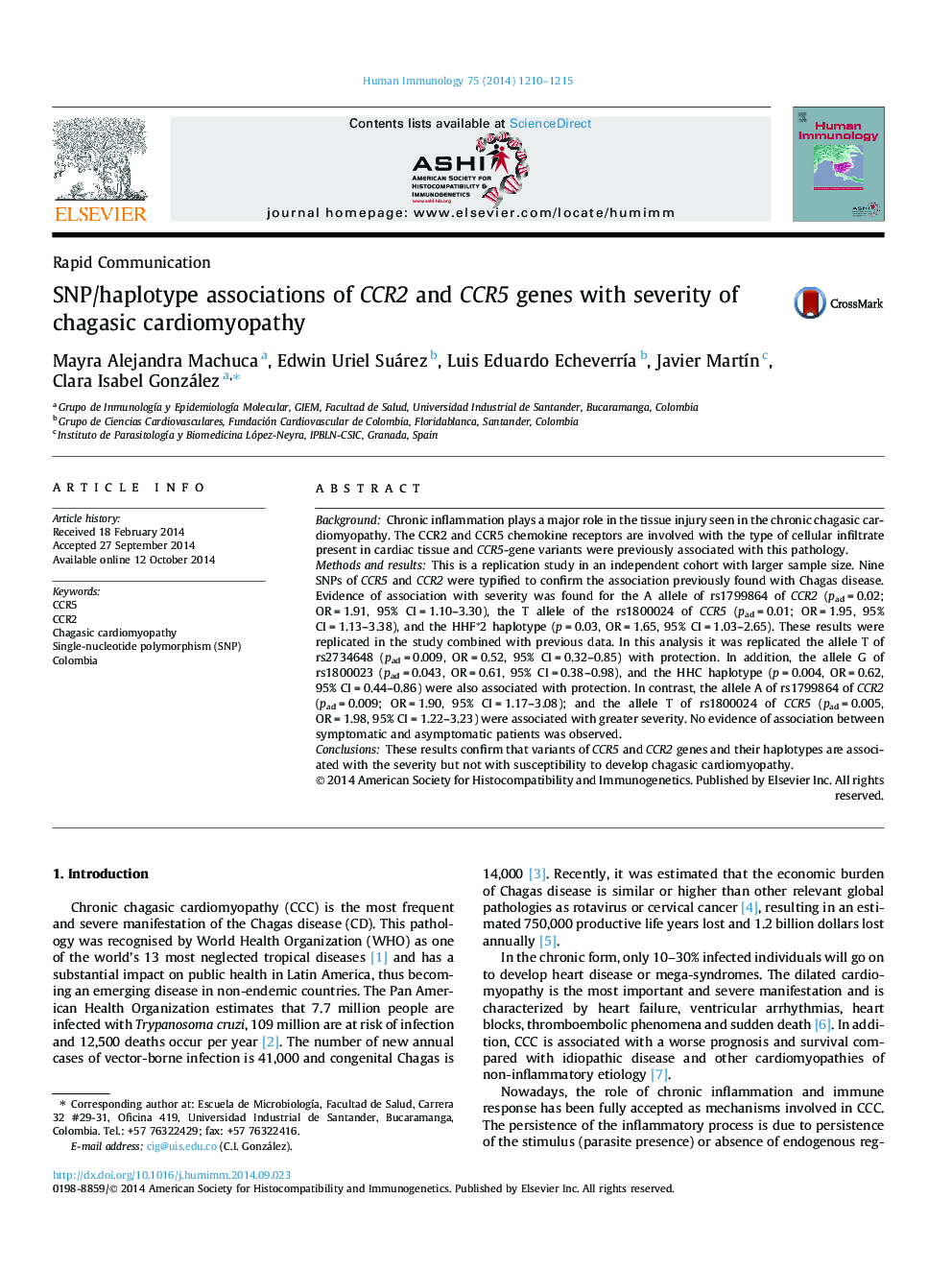 SNP/haplotype associations of CCR2 and CCR5 genes with severity of chagasic cardiomyopathy