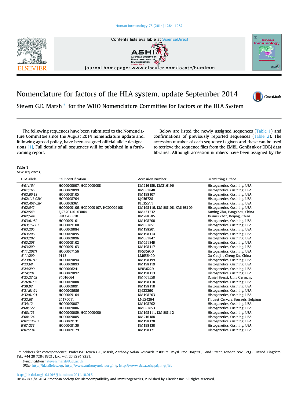 Nomenclature for factors of the HLA system, update September 2014