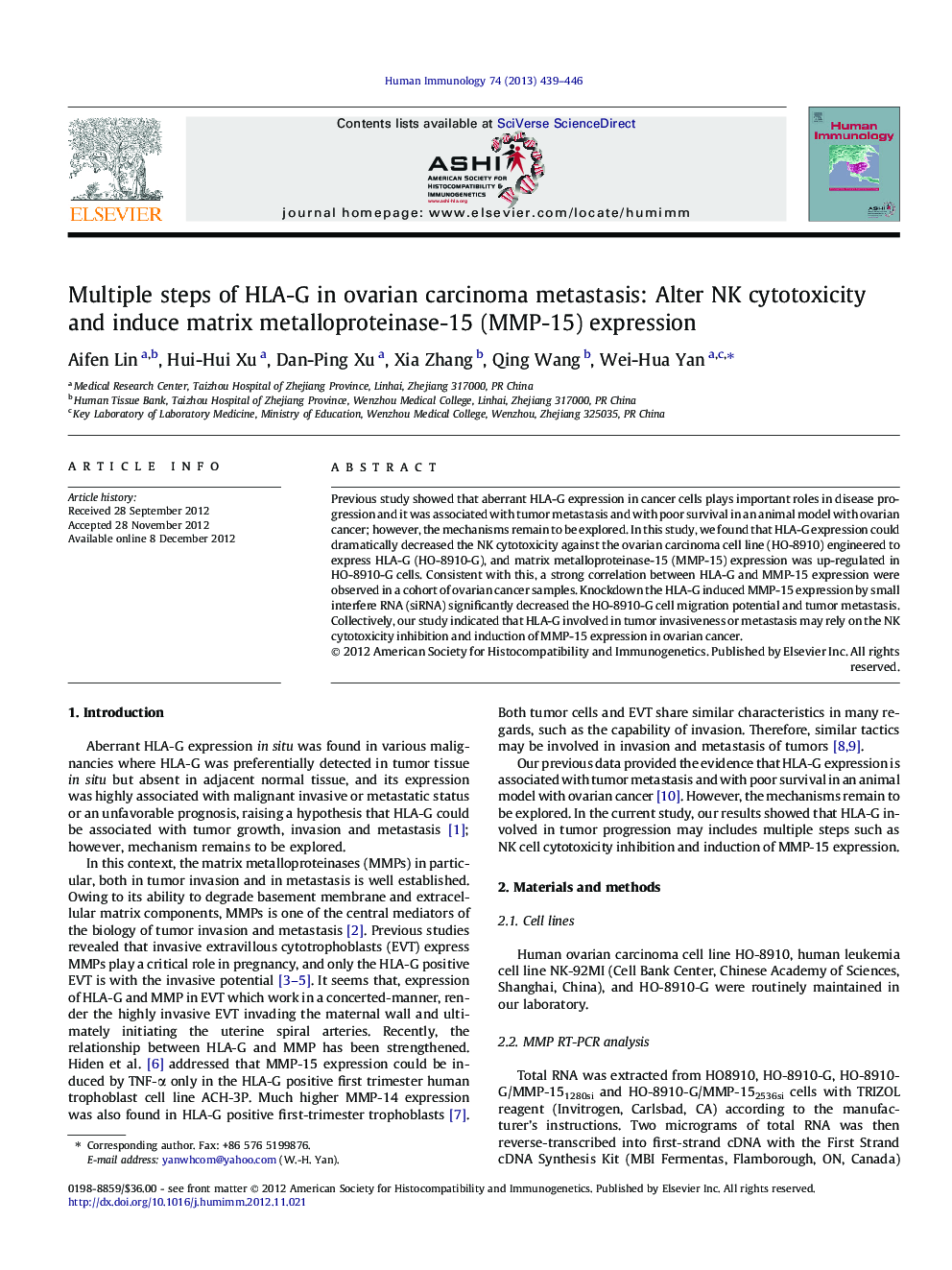 Multiple steps of HLA-G in ovarian carcinoma metastasis: Alter NK cytotoxicity and induce matrix metalloproteinase-15 (MMP-15) expression