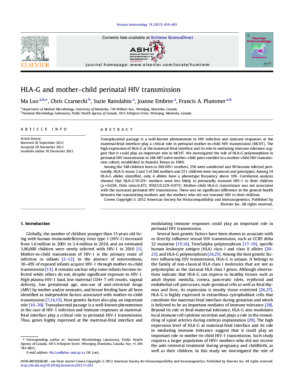 HLA-G and mother-child perinatal HIV transmission