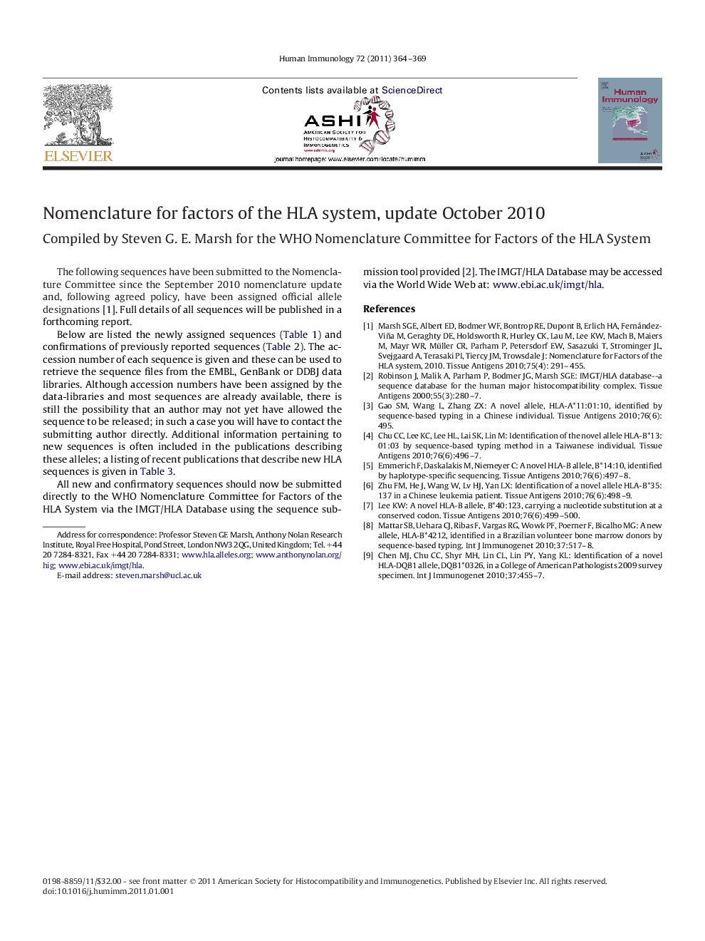 Nomenclature for factors of the HLA system, update October 2010