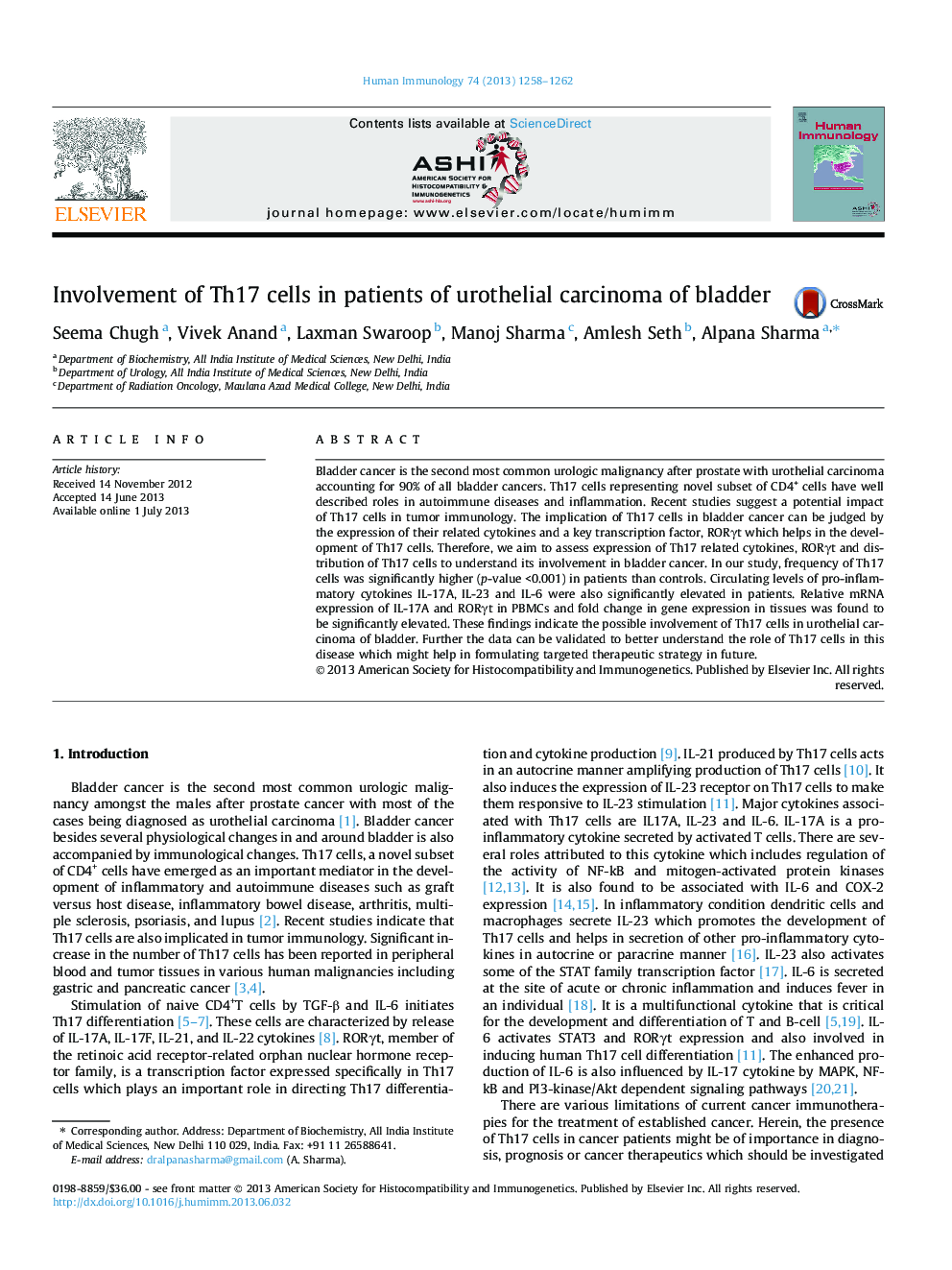 عکس صفحه اول مقاله: Involvement of Th17 cells in patients of urothelial carcinoma of bladder Involvement of Th17 cells in patients of urothelial carcinoma of bladder