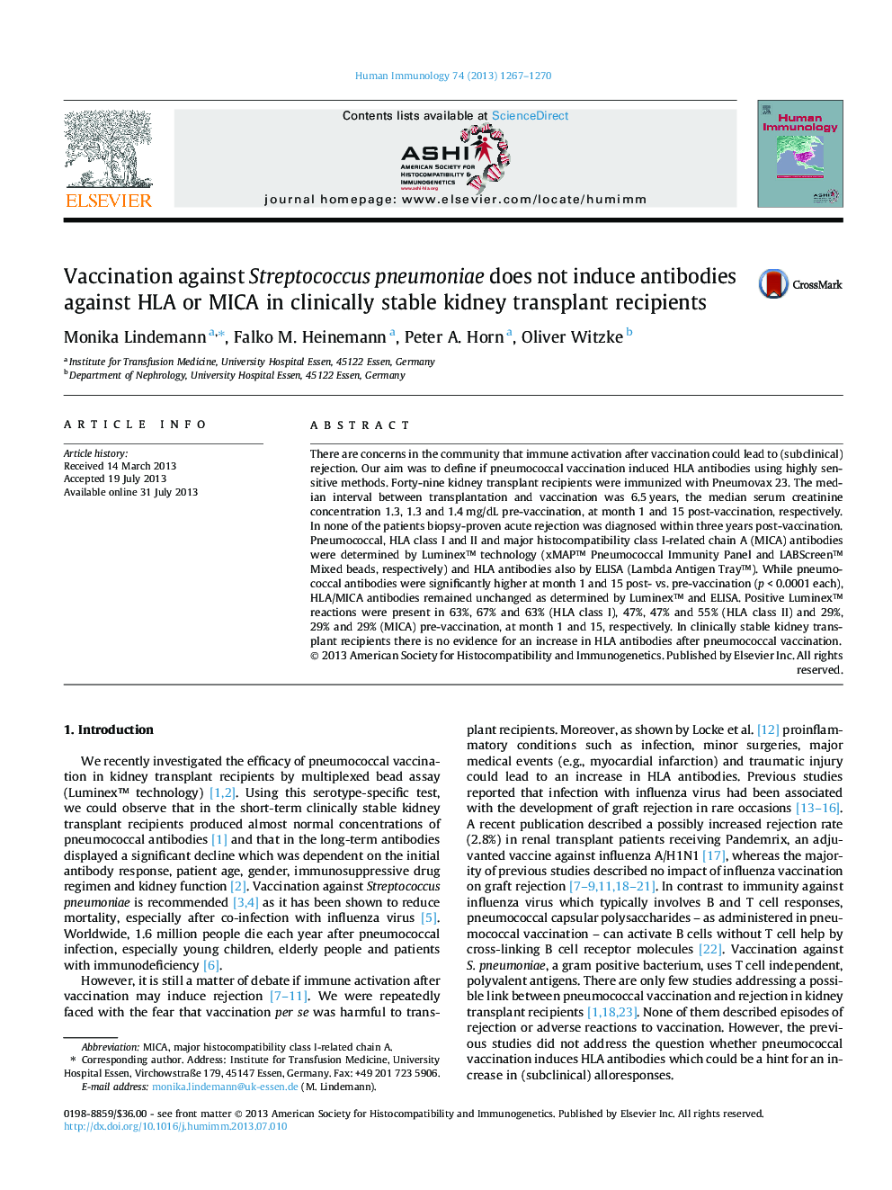 عکس صفحه اول مقاله: Vaccination against Streptococcus pneumoniae does not induce antibodies against HLA or MICA in clinically stable kidney transplant recipients Vaccination against Streptococcus pneumoniae does not induce antibodies against HLA or MICA in clinically stable kidney transplant recipients