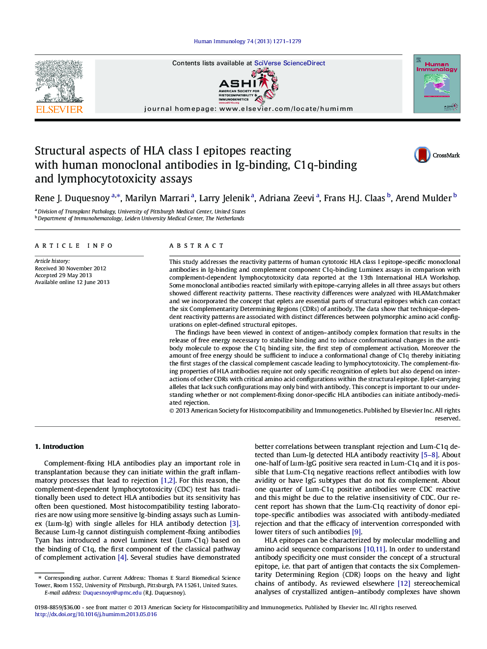Structural aspects of HLA class I epitopes reacting with human monoclonal antibodies in Ig-binding, C1q-binding and lymphocytotoxicity assays