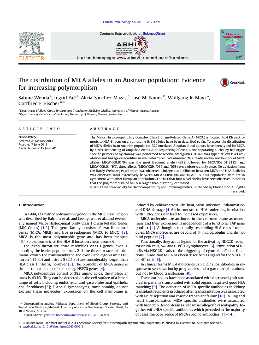 عکس صفحه اول مقاله: The distribution of MICA alleles in an Austrian population: Evidence for increasing polymorphism The distribution of MICA alleles in an Austrian population: Evidence for increasing polymorphism