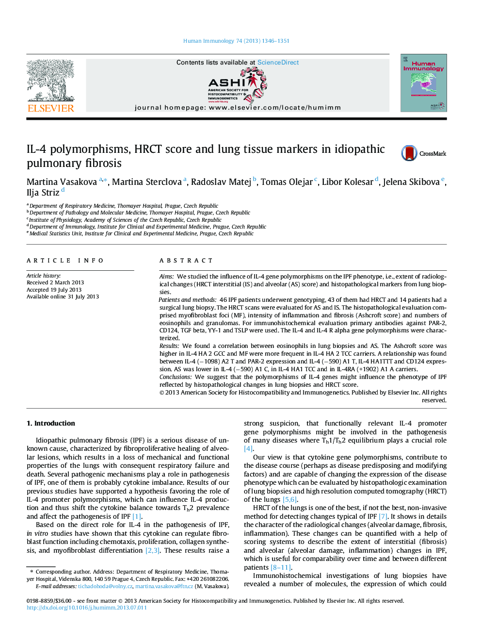 عکس صفحه اول مقاله: IL-4 polymorphisms, HRCT score and lung tissue markers in idiopathic pulmonary fibrosis IL-4 polymorphisms, HRCT score and lung tissue markers in idiopathic pulmonary fibrosis
