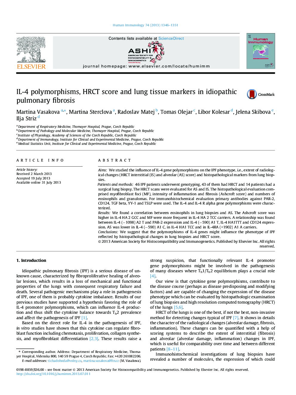 IL-4 polymorphisms, HRCT score and lung tissue markers in idiopathic pulmonary fibrosis