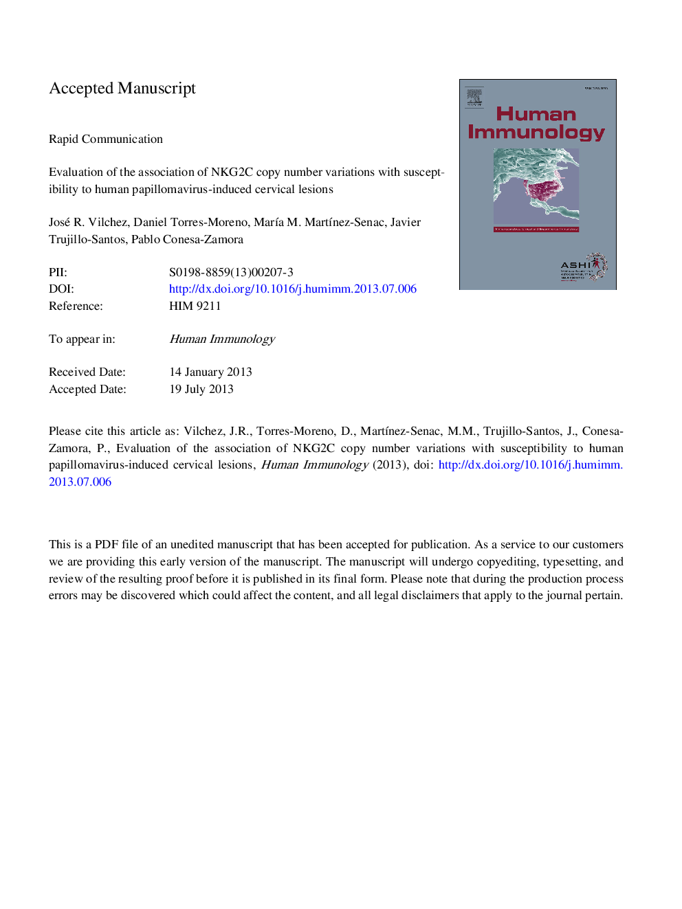 Evaluation of the association of NKG2C copy number variations with susceptibility to human papillomavirus-induced cervical lesions