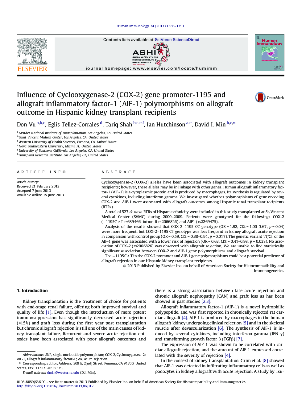 Influence of Cyclooxygenase-2 (COX-2) gene promoter-1195 and allograft inflammatory factor-1 (AIF-1) polymorphisms on allograft outcome in Hispanic kidney transplant recipients