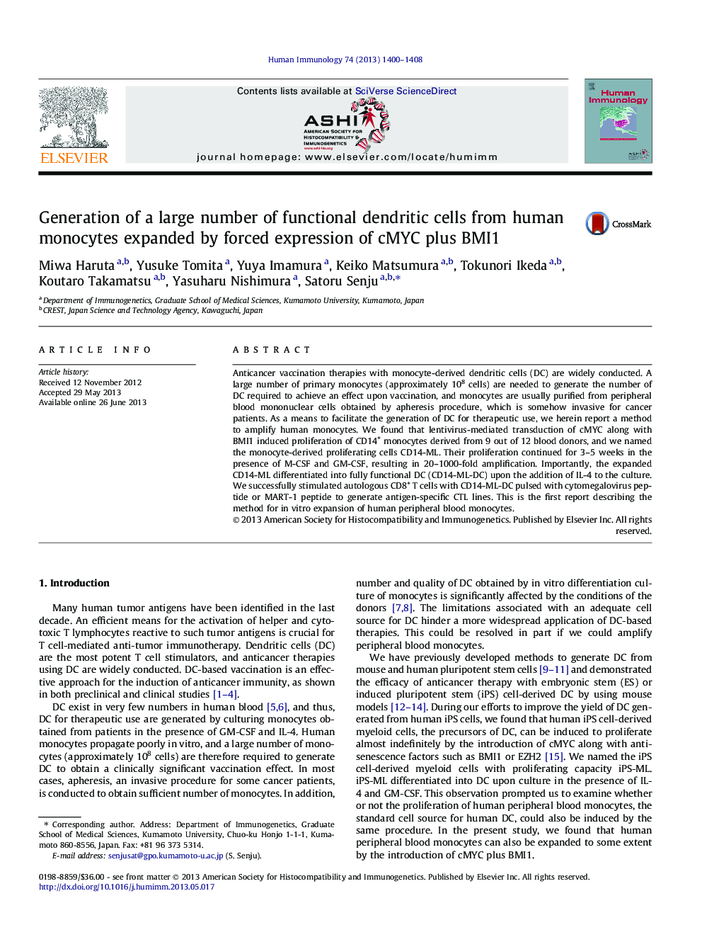 Generation of a large number of functional dendritic cells from human monocytes expanded by forced expression of cMYC plus BMI1