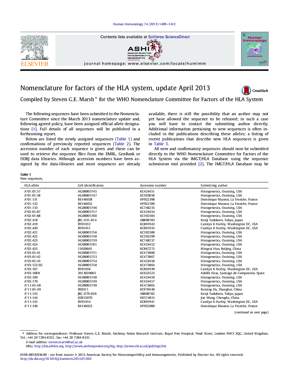 Nomenclature for factors of the HLA system, update April 2013