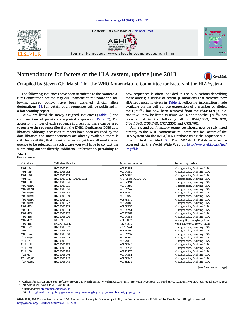 Nomenclature for factors of the HLA system, update June 2013