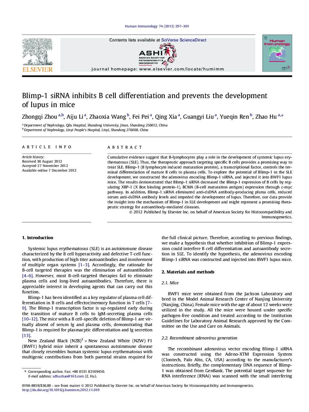 Blimp-1 siRNA inhibits B cell differentiation and prevents the development of lupus in mice