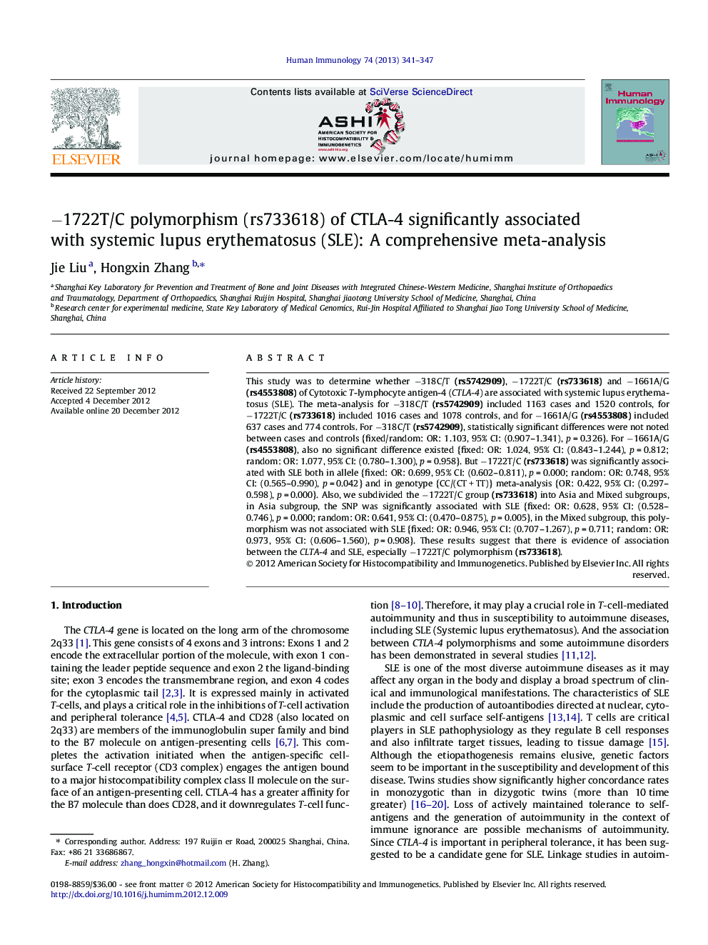 â1722T/C polymorphism (rs733618) of CTLA-4 significantly associated with systemic lupus erythematosus (SLE): A comprehensive meta-analysis