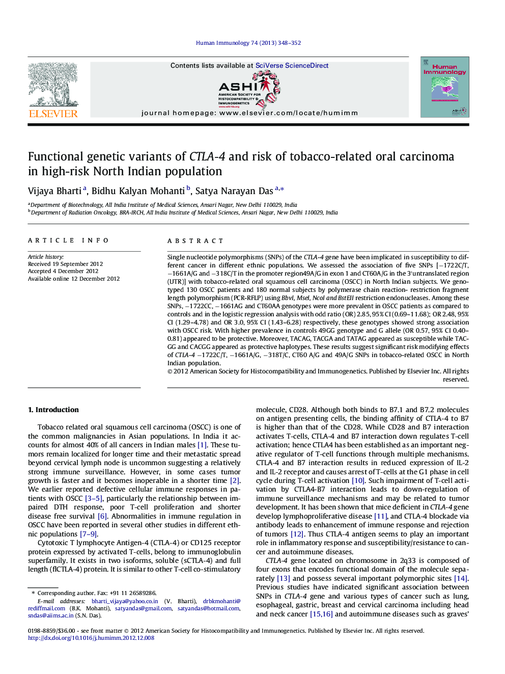 Functional genetic variants of CTLA-4 and risk of tobacco-related oral carcinoma in high-risk North Indian population