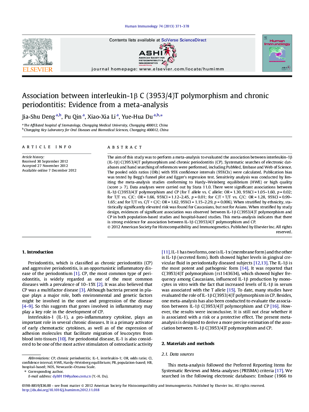 Association between interleukin-1Î² C (3953/4)T polymorphism and chronic periodontitis: Evidence from a meta-analysis