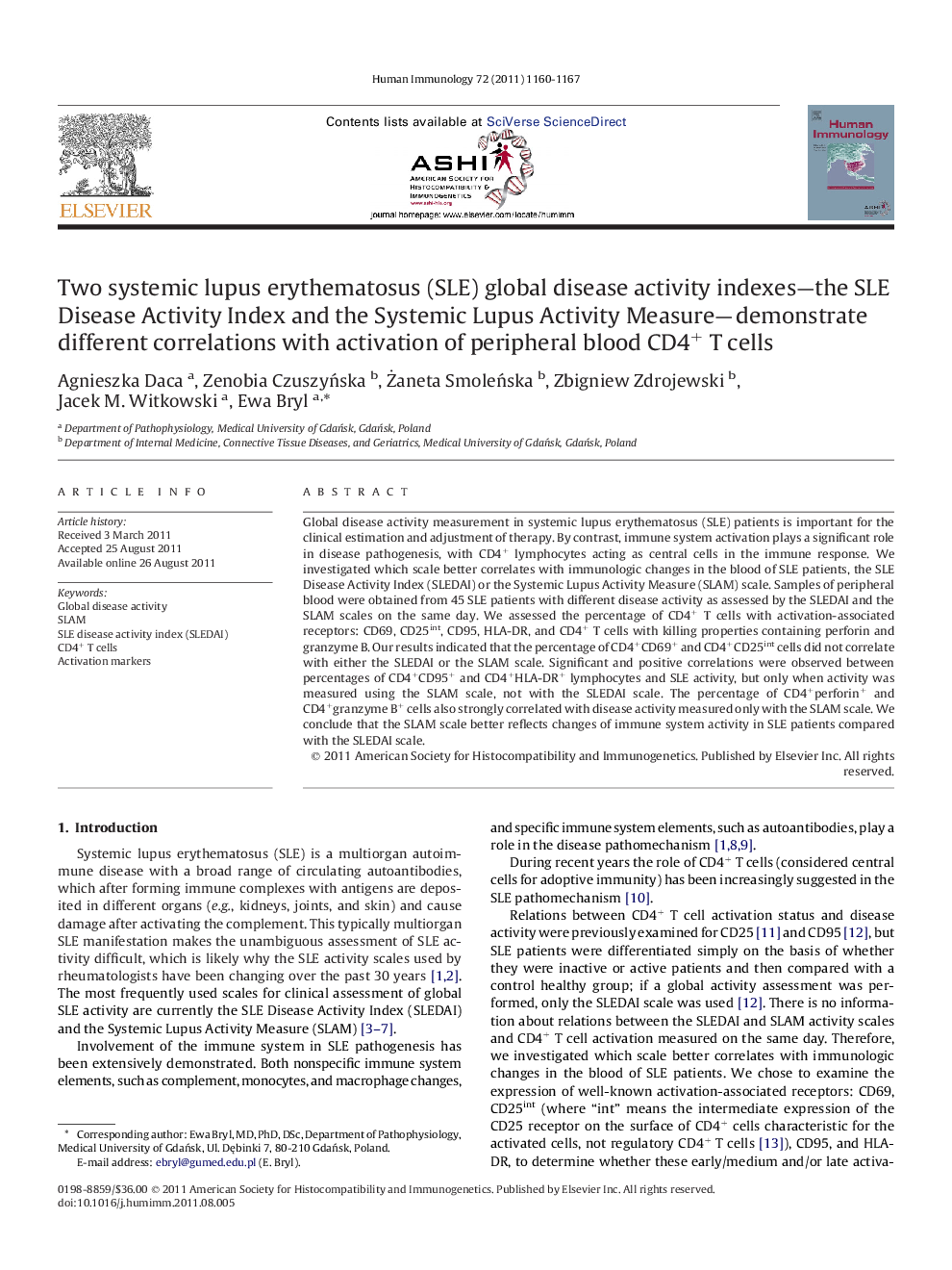 Two systemic lupus erythematosus (SLE) global disease activity indexes-the SLE Disease Activity Index and the Systemic Lupus Activity Measure-demonstrate different correlations with activation of peripheral blood CD4+ T cells