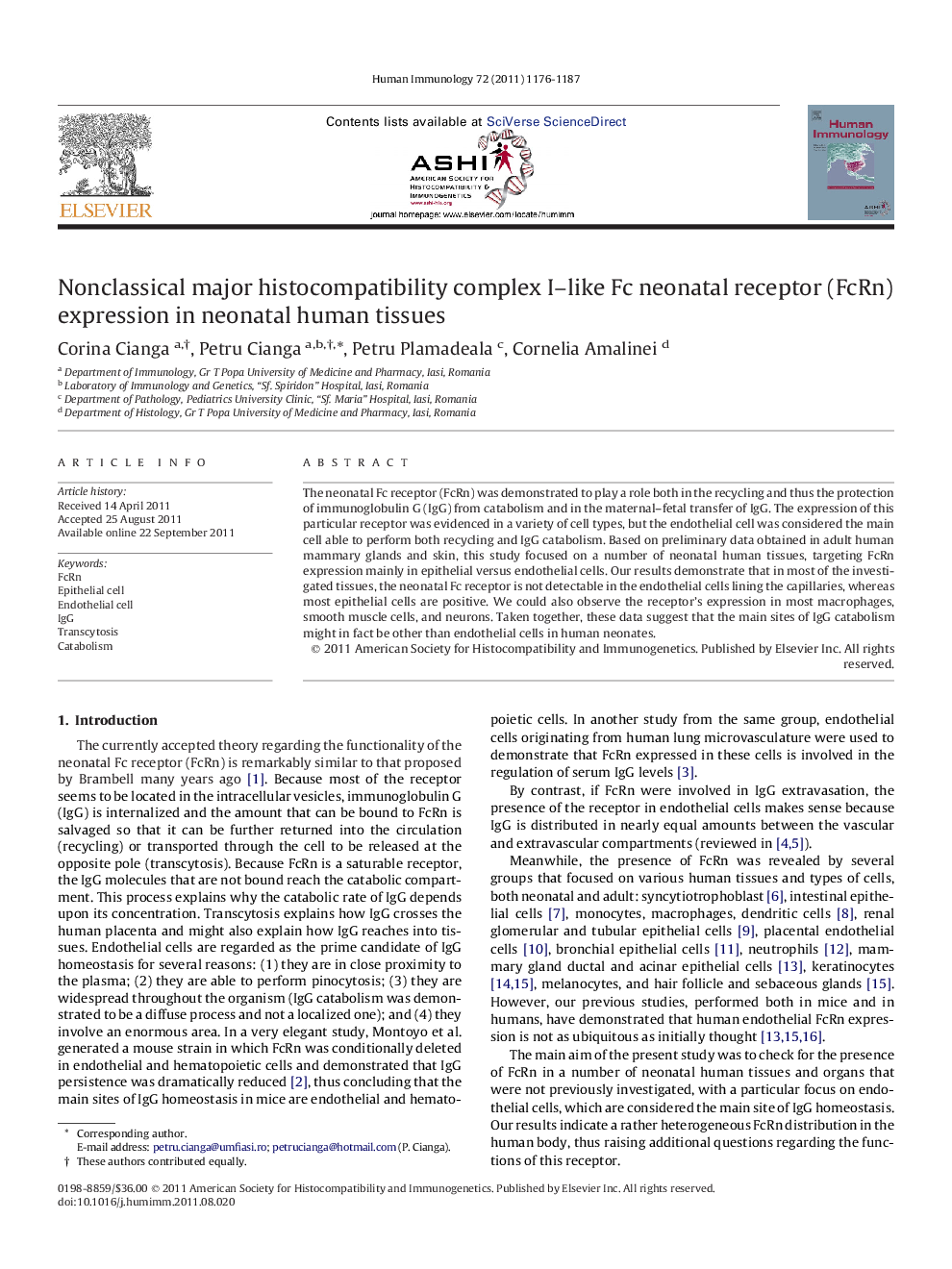 Nonclassical major histocompatibility complex I-like Fc neonatal receptor (FcRn) expression in neonatal human tissues