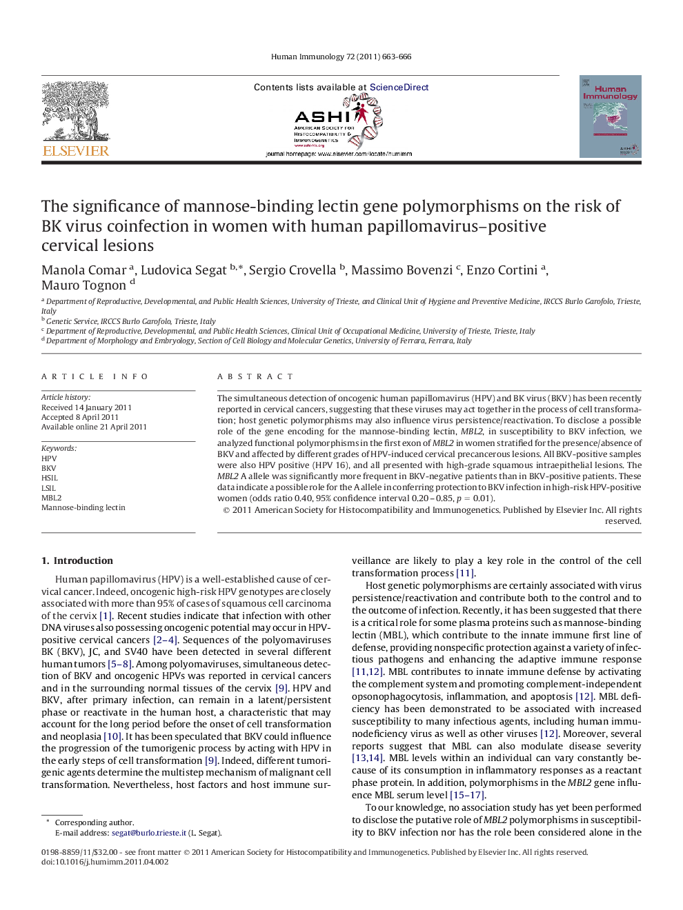 The significance of mannose-binding lectin gene polymorphisms on the risk of BK virus coinfection in women with human papillomavirus-positive cervical lesions