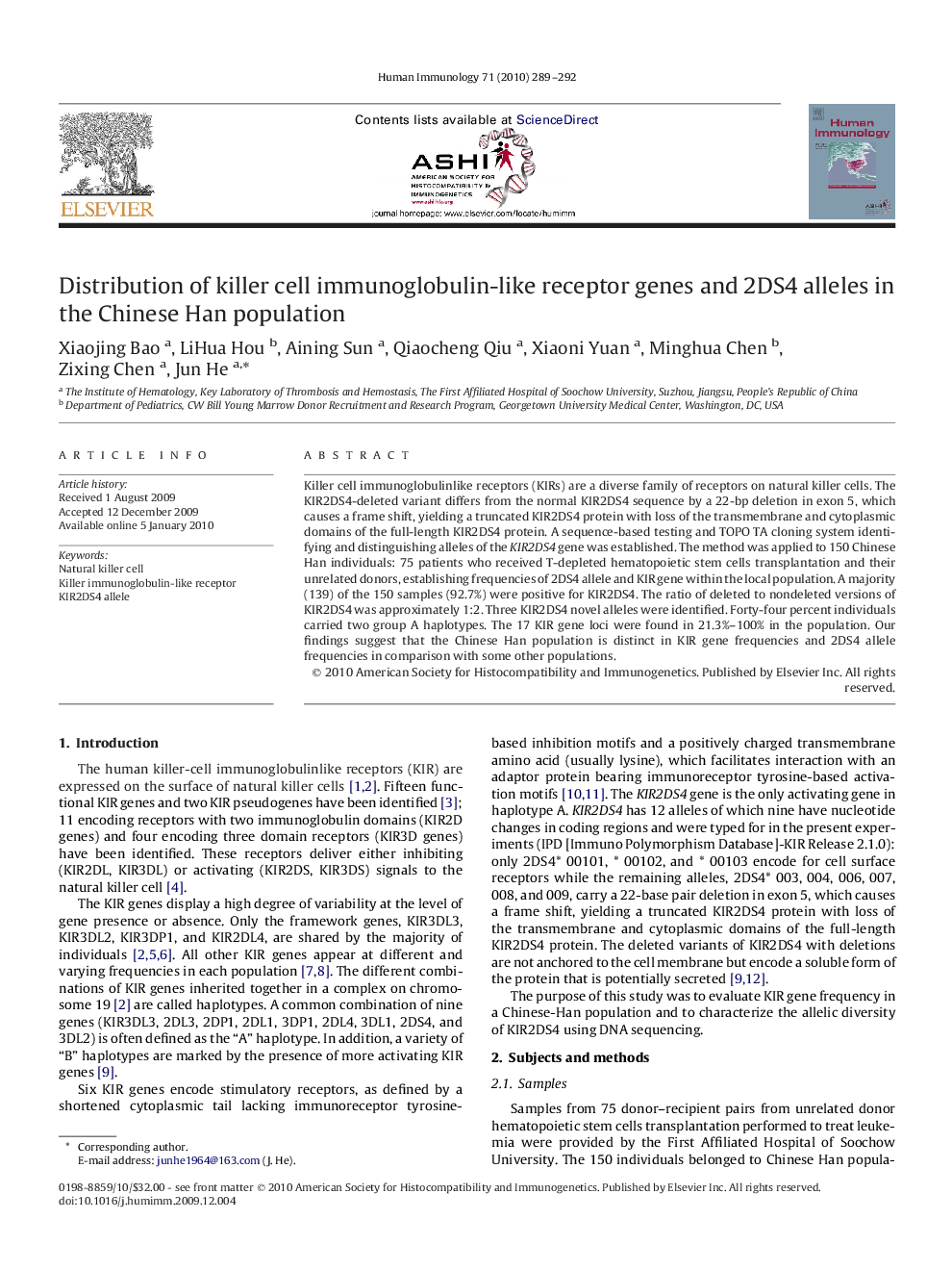 Distribution of killer cell immunoglobulin-like receptor genes and 2DS4 alleles in the Chinese Han population