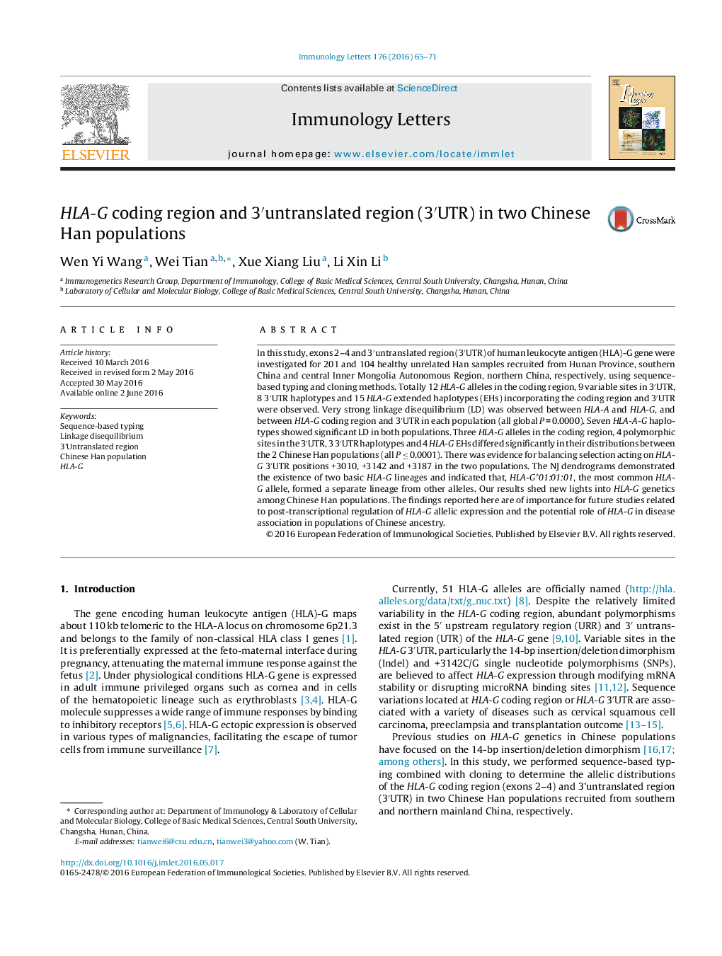 HLA-G coding region and 3â²untranslated region (3â²UTR) in two Chinese Han populations