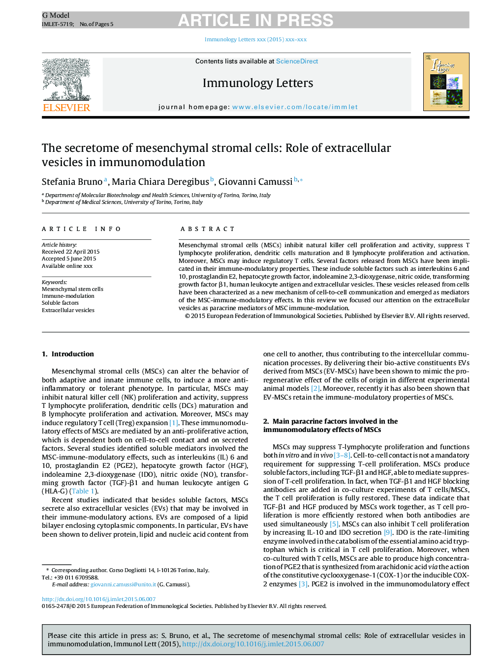 The secretome of mesenchymal stromal cells: Role of extracellular vesicles in immunomodulation