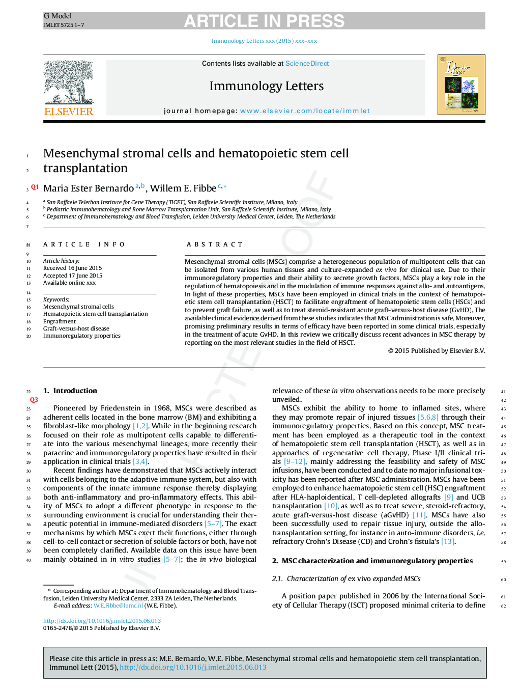 Mesenchymal stromal cells and hematopoietic stem cell transplantation