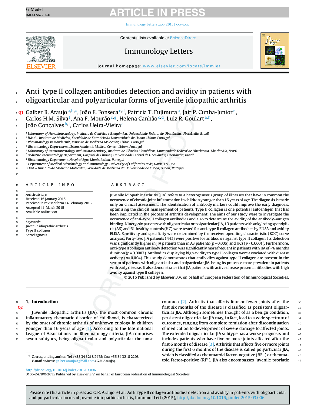 Anti-type II collagen antibodies detection and avidity in patients with oligoarticular and polyarticular forms of juvenile idiopathic arthritis